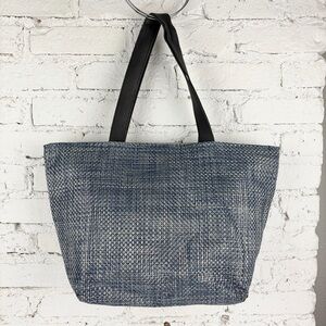 Chilewich Woven Top Zip Tote Navy Blue Bag Leather Handle Purse